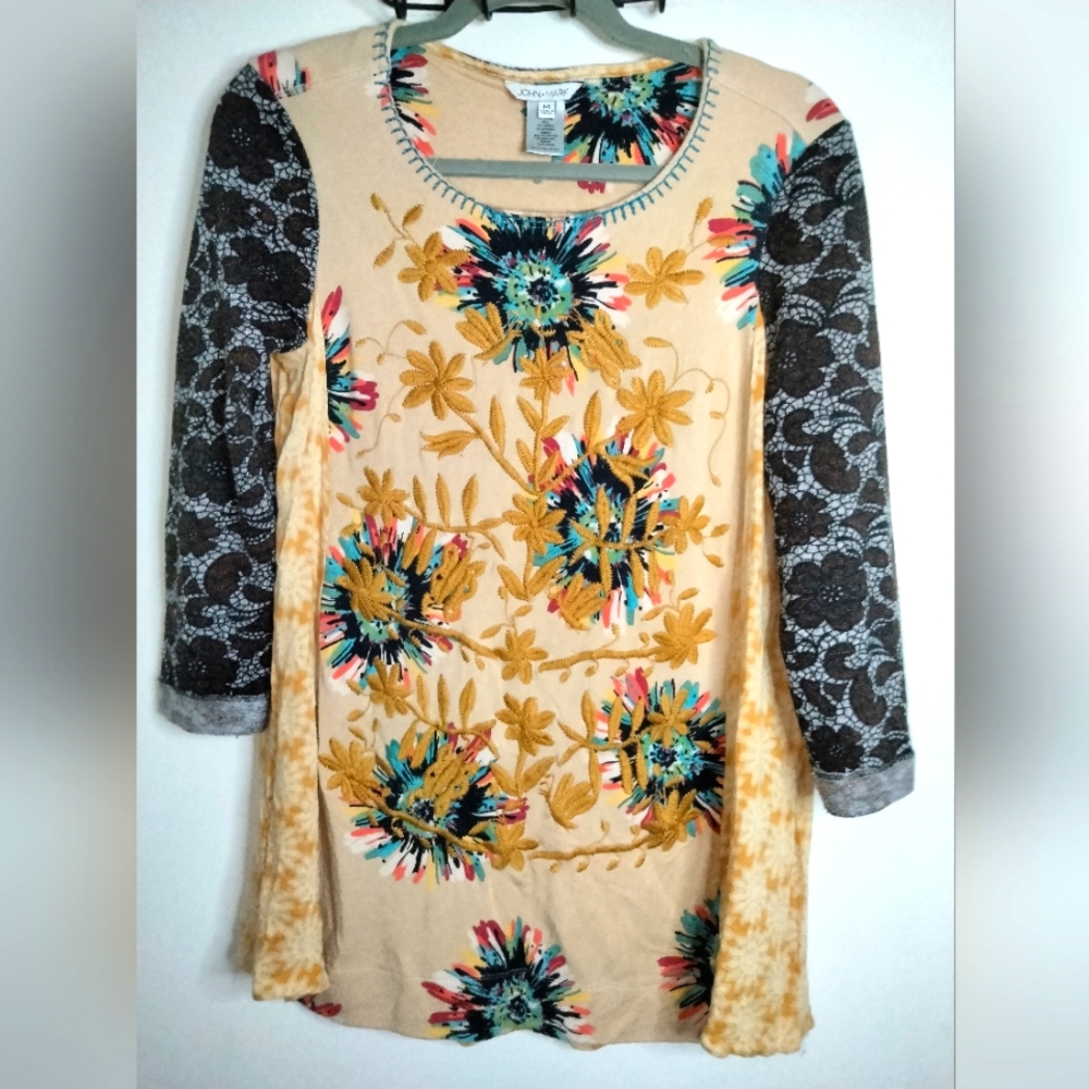 John Mark (Size M) Multicolor Floral &  Embroidery Mixed Media Pattern LS Tunic